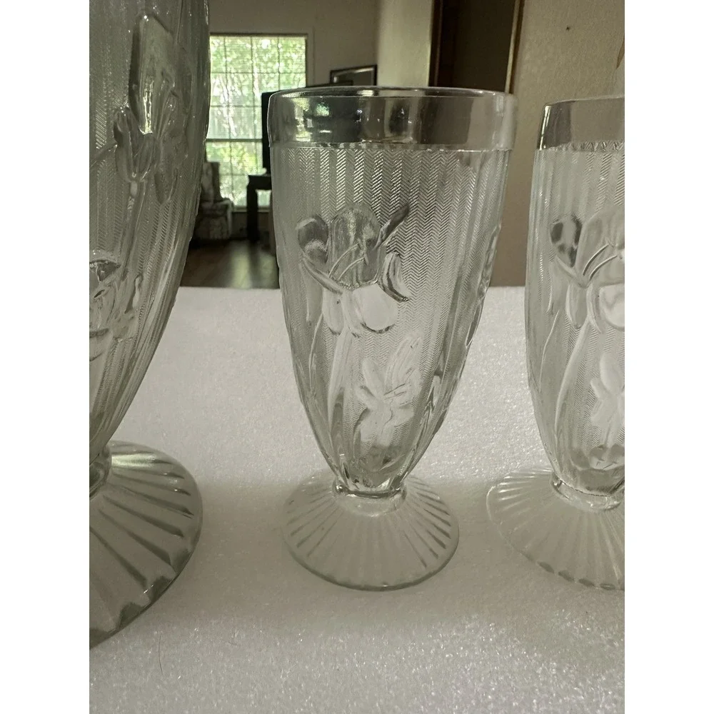 Vtg Clear Depression Glass Jeanette Iris & Herringbone Pitcher & 4 Tall Glasses